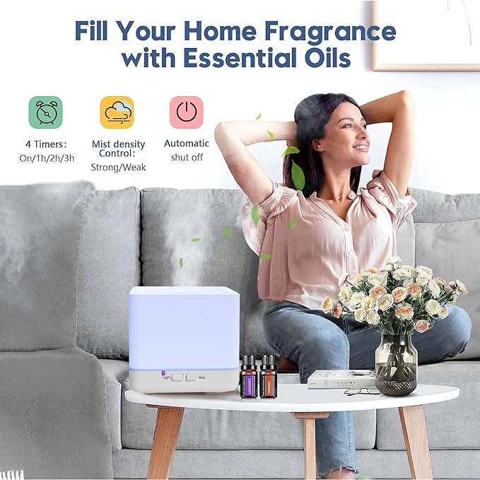 Diffuser 300ml x2Pack Set + 4 Essential Oils White Cute Humidifier with Adjustable Mist Mode,Auto Off,7-Colors Night lignts 3 in 1 Aroma Diffuser for Bedroom/Office/Home（2Pack wyk+4JY）