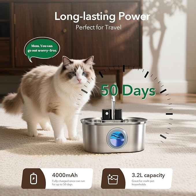 Cat Water Fountain Stainless Steel 108oz/3.2L:Battery Operated Wireless Cat Fountains for Drinking Indoor, Automatic Pet Water Dispenser with Ultra Quiet Pump,Multi-Filtration,Easy Clean BPA-Free