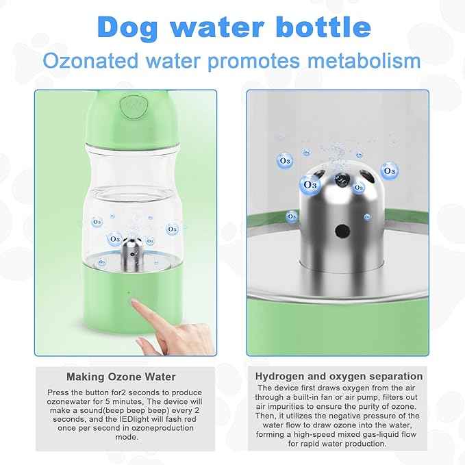 Portable Dog Water Bottle with Ozone Purification - Active Oxygen Puppy Water Bowl & Dispenser for Travel, (A-013B-Green)