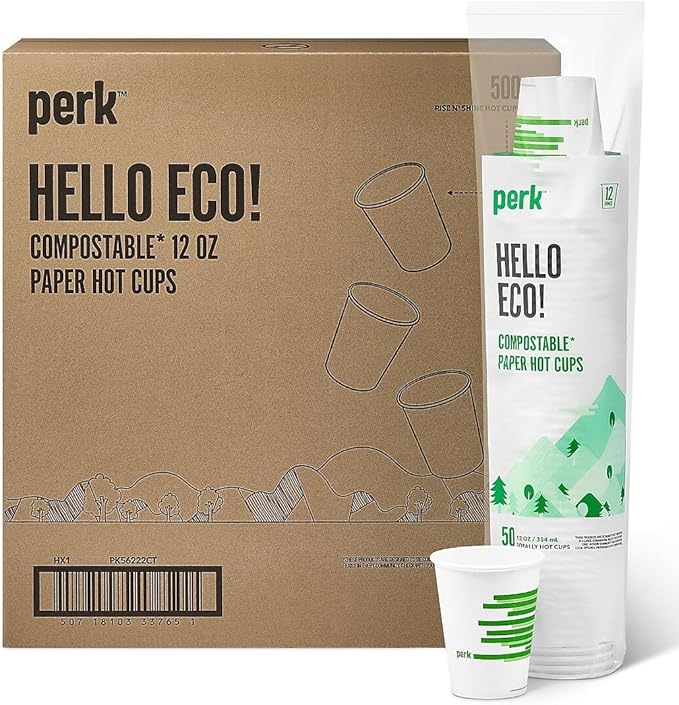 Perk Eco 12 Oz Compostable Paper Hot Cups, 500 Count Bulk Disposable Coffee Cups for Hot Beverages, White/Green
