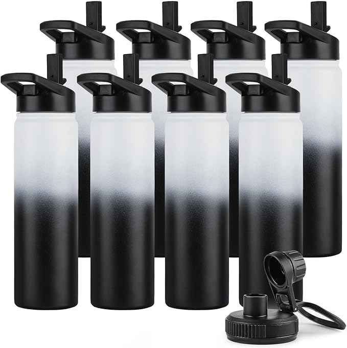 DOMICARE Insulated Water Bottle, 22 oz Vacuum Insulated Stainless Steel Reusable Sports Bottle with Straw Lid & Spout Lid for Travel, Camping, Bike, Leakproof, Black/White, 8 Pack
