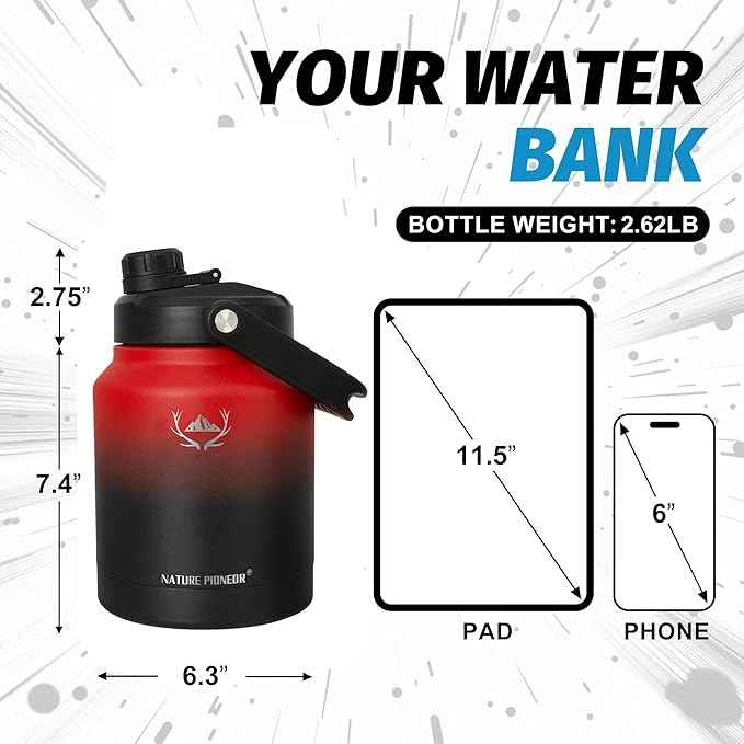 NATURE PIONEOR 84 oz Insulated Water Bottle - Double Vacuum Stainless Steel Water Jug with Holder/Carrier, Wide Mouth, Outdoor Sports, Hiking, Camping, Gym