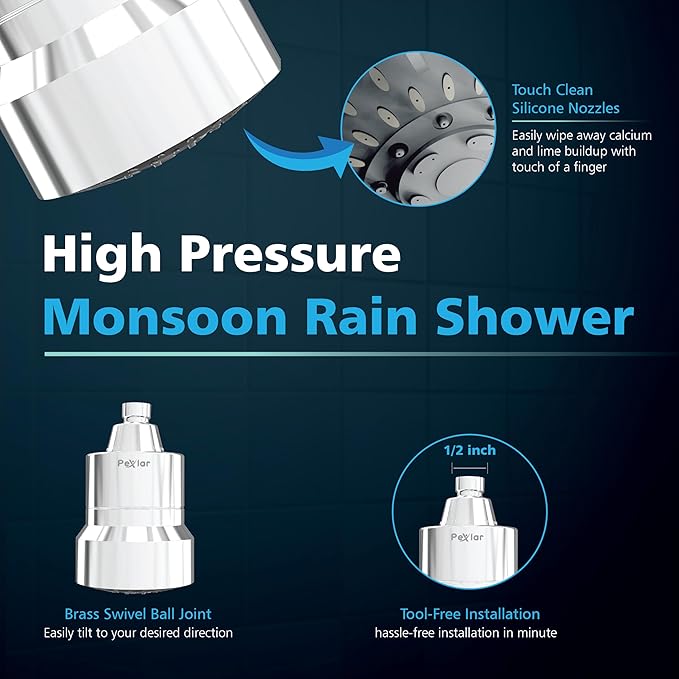 Multi Stage Shower Head Filter for Hard Water, Shower Water Filter for Removing Chlorine and Fluoride, Hard Water Shower Filter Improves on Skin, Hair and Nails, Polished Chrome - 5 Spray - AquaVibe