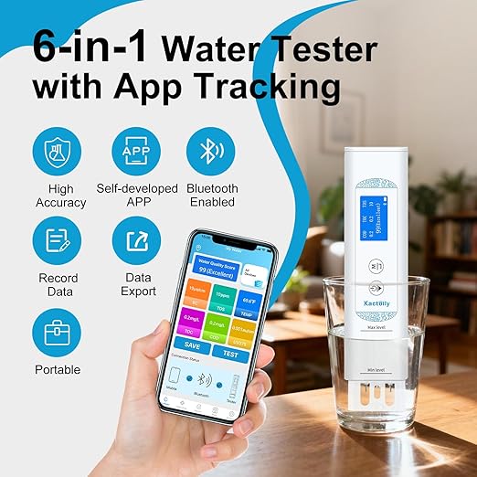 6 in 1 Water Tester for Drinking Water with App, Digital TDS, EC, TOC, COD, UV275 & Temperature Meter, Lab-Grade Water Quality Tester with Data Logging & Export for Home, RV, Camping, Well & Tap Water