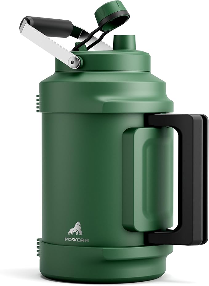 POWCAN One Gallon Insulated Water Bottle: 2-in-1 Straw Spout Lid, Dual Handle, Leakproof, Keep Cold 48H, 128oz Stainless Steel Water Jug for Outdoors, Trip, Sport, Fitness, Camping, Picnic (Forgest)