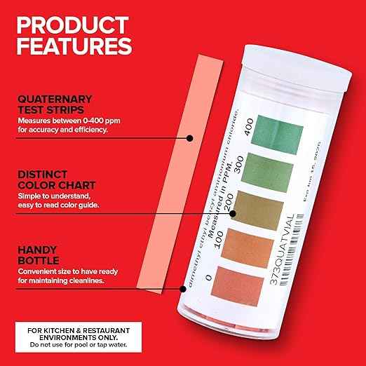 100 Count Quaternary Test Strips for Restaurant Supplies, Bulk Easy to Read Water Test Strips, Quick Result Quaternary Test Kit for Pools, Restaurants, Food Service