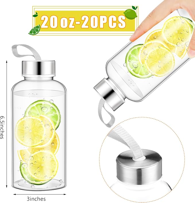 Zubebe Reusable Clear Water Bottles Bulk with Stainless Steel Leak Proof Lids Sports Bottles with Nylon Camying Strap for Party Gift Water Milk Smoothie Juice Beverage