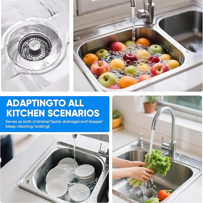 Upgraded 3-in-1 Kitchen Sink Drain Strainer Stopper 2025|Rust-Proof Strainer Basket |Universal Fit for Standard 3.5" Drains |Anti-Clog&Odor Filter |Efficient Drainage (Stainless Steel, 2 PCS)