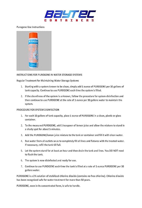 Purogene Water Treatment Preserver and Maintainer, Purogene Drinking Water Treatment for Water Storage Systems, Provides for Long-Term Storage of Drinking Water