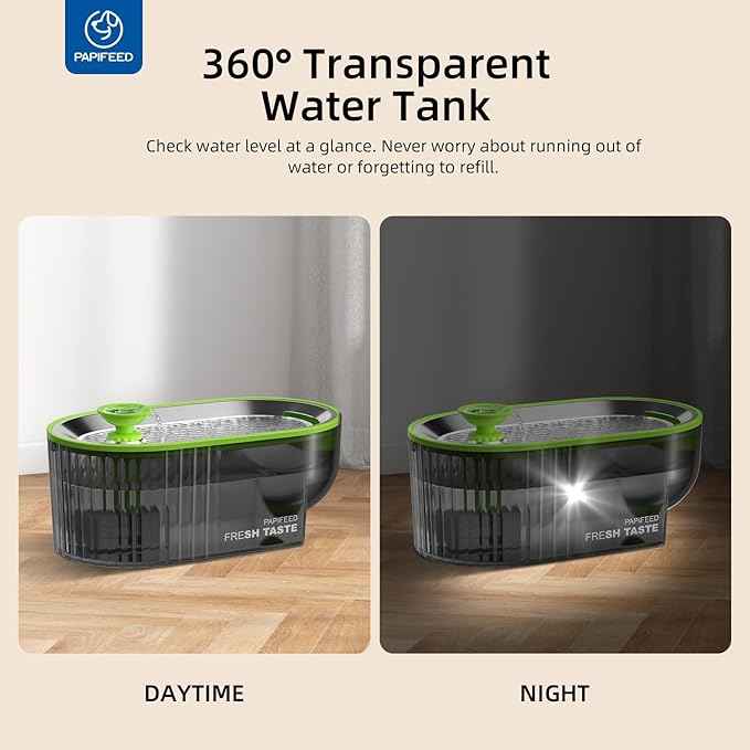 Cat Water Fountain Stainless Steel with a Silicone Mat, 84oz/2.5L Automatic Cat Water Fountain with Water Level Window and LED Light, Quiet Low Power Cat Water Bowl & Cat Water Dispenser (Green)