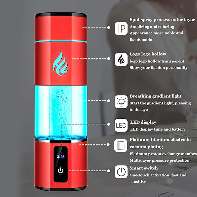 Portable Hydrogen-Rich Water Bottle, SPE Technology, Water Hydrogen Generator 5000 PPB, H2 Electrolysi Lonizer Maker Water Cup, for Travel Fitness