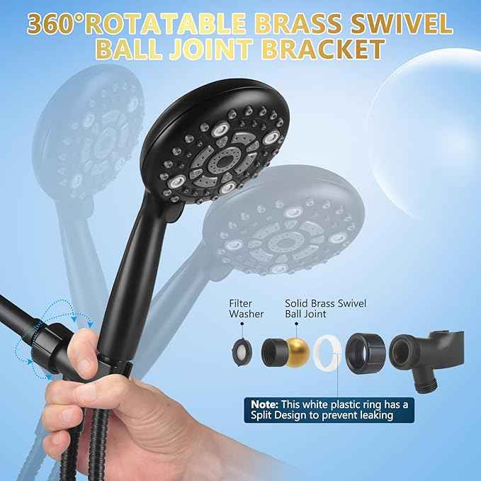 6 Spray Modes High Pressure Handheld Showerhead Set Upgraded 5 Inches Shower Head with Handheld Spray Matte Black Handheld Shower Head 60 Inches Stainless Steel Hose-1-Min Install