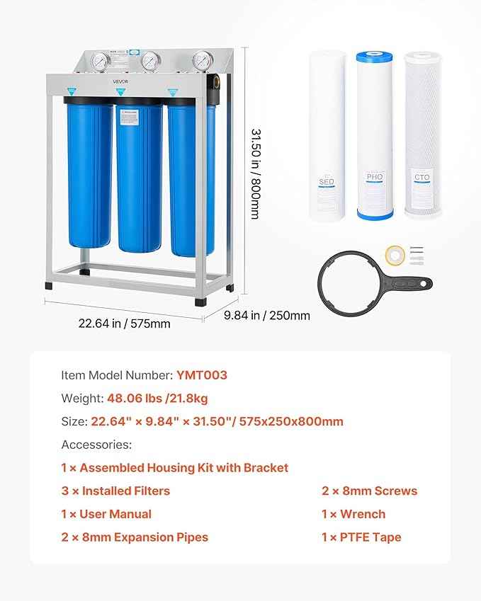 VEVOR Whole House Water Filter System, 3-Stage | Sediment, PHO, CTO | 4.5" x 20" Home Water Purifier Filter Reduce Chlorine, Bad Taste, Odor, Rust, Prevent Scale and Corrosion