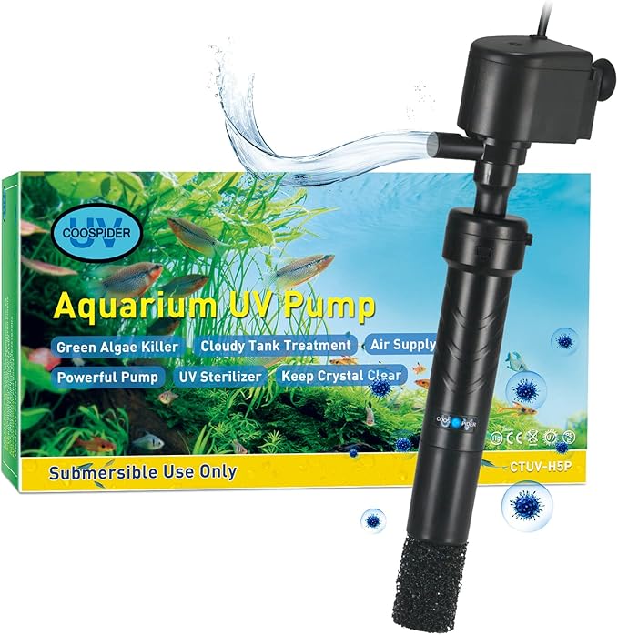 COOSPIDER Aquarium U-V Filter Green Clean Machine for 40-100 Gallon Fish Tank Crystal Clear 300GPH Submersible Water Pump Air Supply Wave Maker Green Killing - AquaVibe