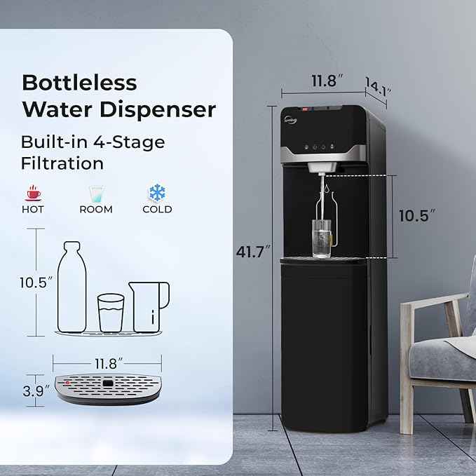 iSpring Bottleless Water Dispenser with Built-in 4-Stage Filtration, Hot/Cold/Room Temp, Self Cleaning, Stainless Steel, Model: DS4B