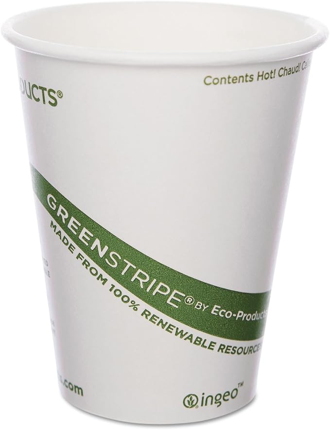 ECO PRODUCTS Compostable Disposable GreenStripe 8oz Coffee Cups, Case of 1000, White Single Wall Hot Paper Cup, Plant Based PLA Lining, Biodegradable