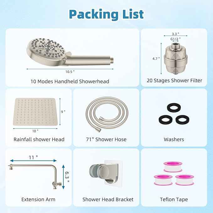 Filtered Shower Head, 10" High Pressure 10-Spray Handheld/Rainfall Shower Head Combo with 20 Stage Shower Filter, 11" Shower Extension Arm, 71" Hose, Shower Head Holder, Brushed Nickel