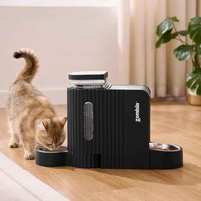 Gravity Cat Feeder and Water Dispenser with 304 Stainless Steel Bowls, 2 in 1 Automatic Cat Feeder with 180 Degree Rotatable Water Bowl, Large Capacity for Puppy Kitten Rabbits, Black