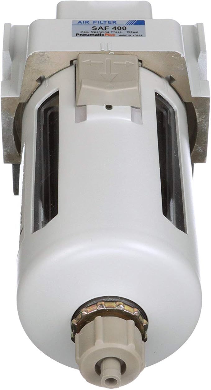 PneumaticPlus SAF400-N04B Compressed Air Particulate Filter 1/2" NPT, 10 Micron Element, Poly Bowl, Manual Drain, Bracket - AquaVibe