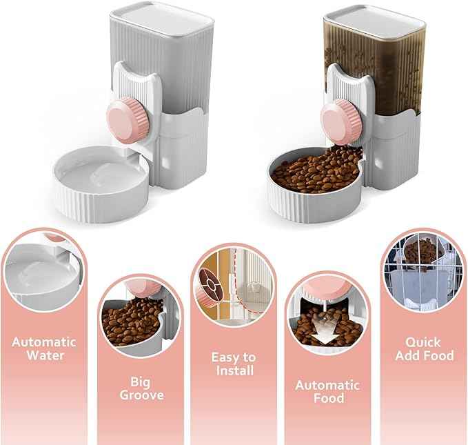 Hanging Cage Automatic Small Pet Food Bowl Water Bottle Dispenser, 1L Auto Gravity Pet Feeder and Waterer Set Kennel Feeding Station Crate Feeder Dish for Rabbit Puppy Cats Ferret (Pink)