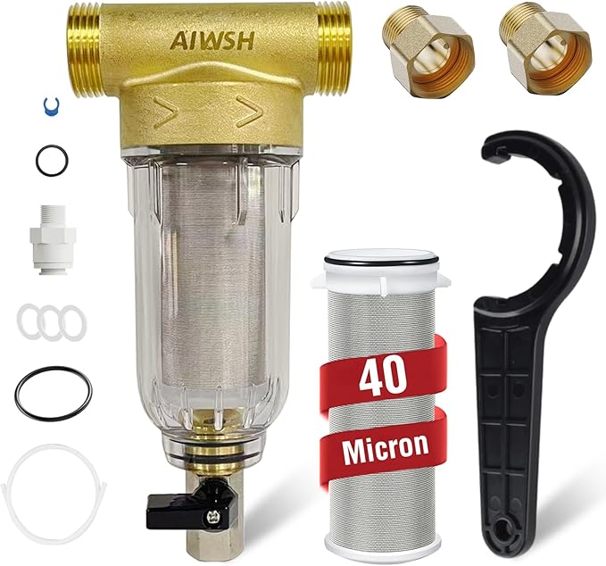 40 Micron Spin Down Sediment Filter,Reusable Sediment Water Filter,Washing Machine Water Filter,Whole House Pre-Filtration System for City Water & Well Water,25GPM,1" MNPT+3/4" FNPT+3/4" MNPT
