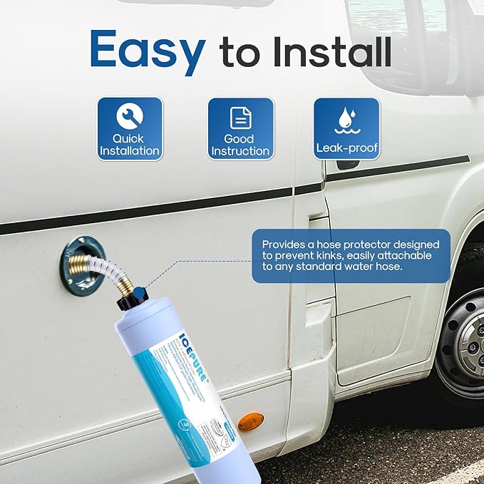 ICEPURE RV Inline Water Filter with Anti-Kink Hose Protector, NSF/ANSI 42, GAC & KDF Filtration, Reduces Chlorine & Odors, Fresh Clean Water for RVs, Camping, Car Washing, Gardening & Pools, 1 Pack