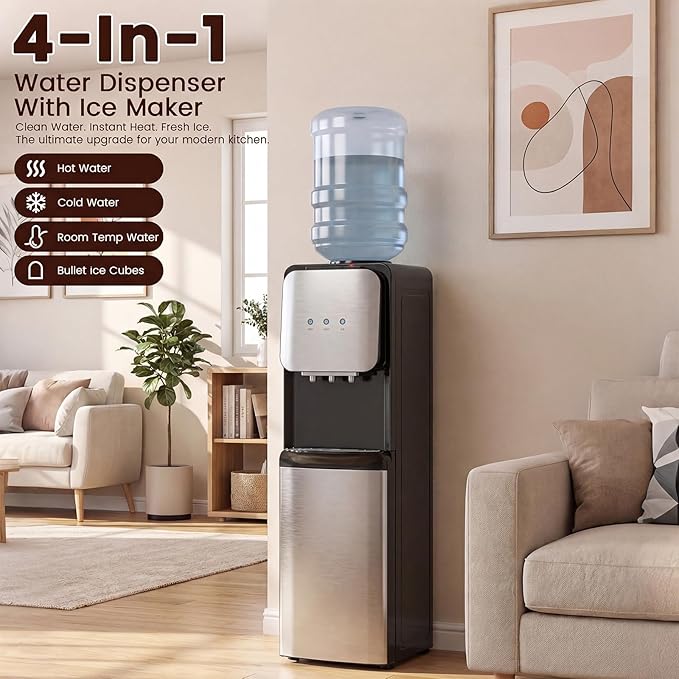 4 in 1 Water Cooler Dispenser with Ice Maker, Hot & Cold Water Dispenser for Home & Office, 33lbs/24H Bullet Ice, Top Loading 3-5 Gallon, Child Safety Lock, Ice Ready in 7 Min (Black -Silver)