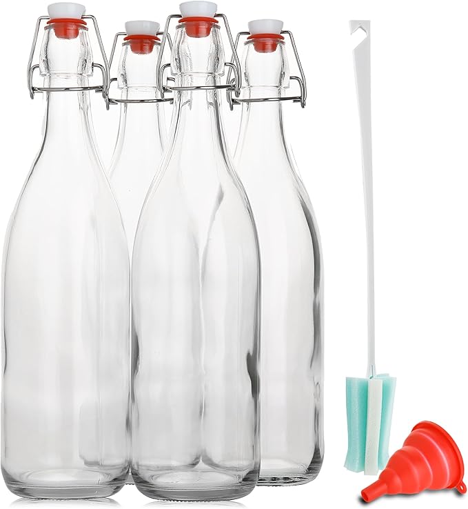 AYL Flip Top Glass Bottle [1 Liter / 33 fl. oz.] [Pack of 4] – Swing Brewing Bottle with Stopper for Beverages, Oil, Vinegar, Kombucha, Water, Soda, Kefir – Airtight Lid & Leak Proof Cap – Clear