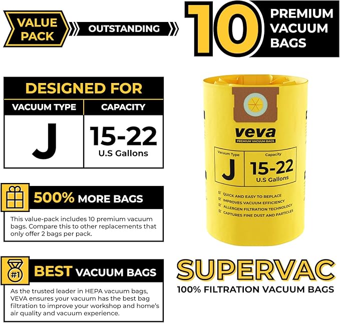 10 Pack, 15-22 Gallon Filter Bags for Shop Vac Vacuum - Type J 90673 - High-Efficiency Vacuum Bags - AquaVibe