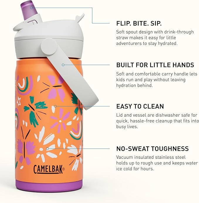 CamelBak Thrive Flip Straw Kids Bite Valve Stainless Steel Water Bottle Butterfly Rainbow, 12oz