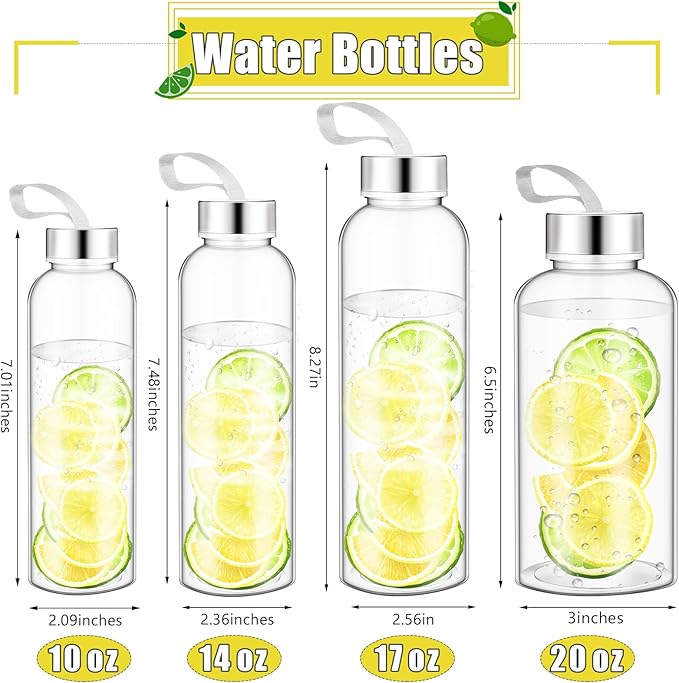 Zubebe Reusable Clear Water Bottles Bulk with Stainless Steel Leak Proof Lids Sports Bottles with Nylon Camying Strap for Party Gift Water Milk Smoothie Juice Beverage