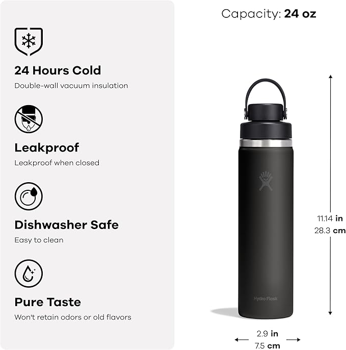 Hydro Flask Water Bottle - Insulated Stainless Steel - Wide Mouth Flex Chug Lid, Non Spill, Leakproof in 24 Oz Harbor Blue