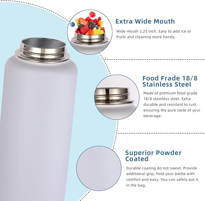 Volhoply 32 oz Insulated Water Bottles Bulk 2 Pack with Straw Lid & Spout Lid,Stainless Steel Sports Water Bottle,Double Wall Vacuum Cups,Leakproof Wide Mouth Metal Flask for Hiking,Camping(Mix,2)