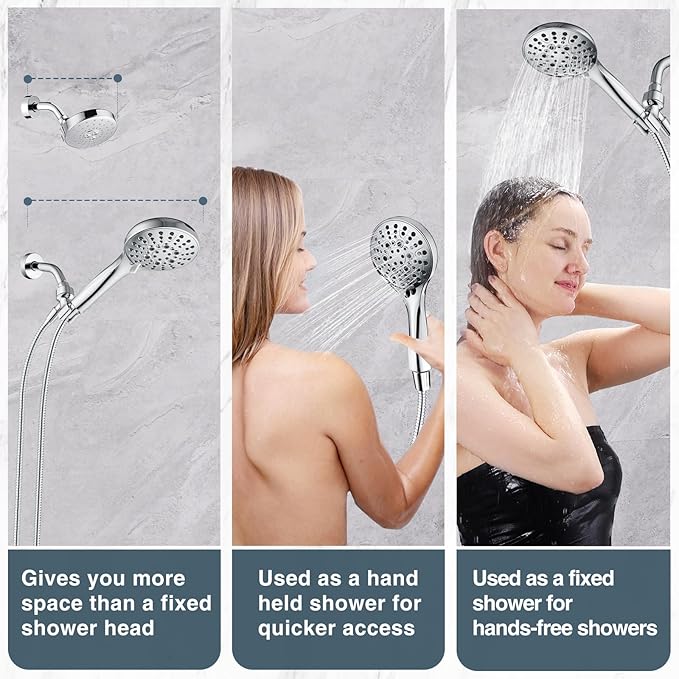 BRIGHT SHOWERS High Pressure Shower Head with Handheld, 9 Spray Settings Showerhead Built in Power Wash to Clean Tub and Pets, Extra Long 69" Hose, Adjustable Bracket, Chrome - AquaVibe