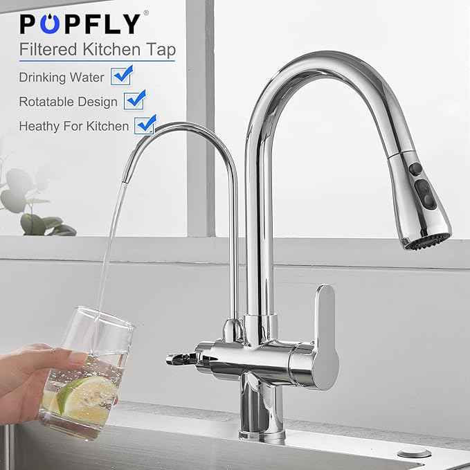POPFLY Kitchen Faucet with Drinking Water Faucet, 3 in 1 Water Purifier Faucet, 2 Handle, 3-Function Pull Down Sprayer, Brass Body, Chrome