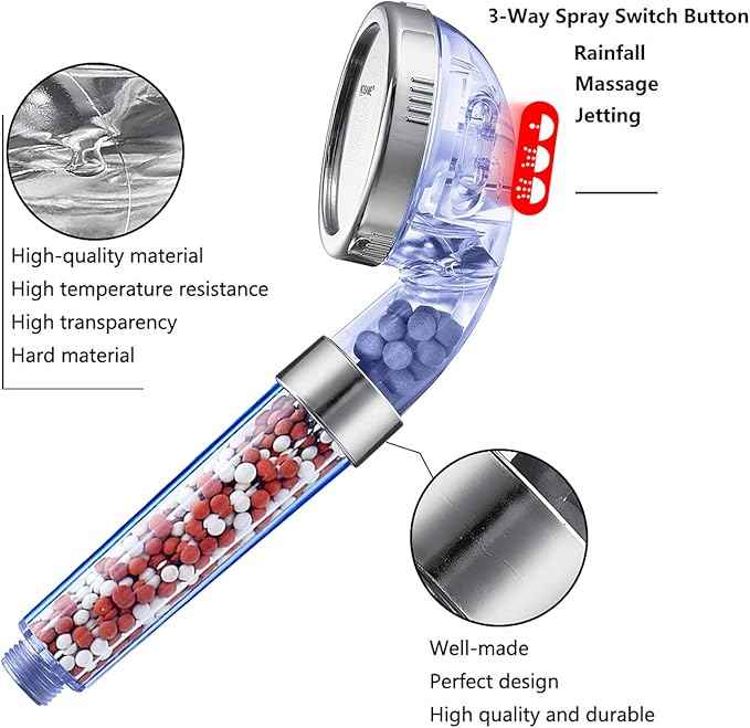 NOSAME Shower Head, Filter Filtration High Pressure Water Saving 3 Mode Function Spray Handheld Showerheads for Dry Skin & Hair