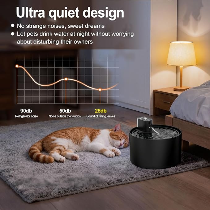 Automatic Ceramic Cat Water Fountain, 2.3L Cordless Pet Water Dispenser with Temperature & Water Level Display, 3 Drinking Modes,Ultra-Quiet Pump, for Cats, Dogs, Multiple Pets (Black)