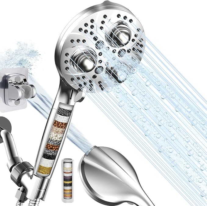 Filter Handheld Shower Head for Residual Chlorine Remove,10-Spray Modes Massage Showerhead, Large Powerful Handheld Showerhead with 79in Hose Detachable (Premium Chome)