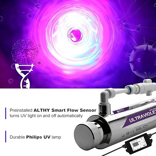 ALTHY UVF-FS11 UV͎ Ultrąviolët Water Filter Purifier for Under Sink Purifier Or RO Systems, with Smart Flow Sensor Switch, 1GPM, 11W Energy Saving
