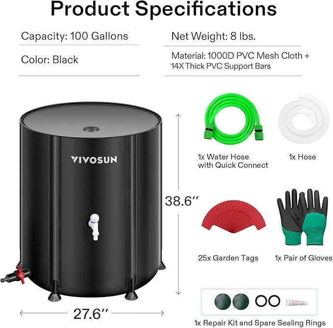 VIVOSUN Collapsible Rain Barrel, 100 Gallon Water Storage Tank with 1000D Oxford Cloth, Portable Rain Collection System Includes Two Spigots and Overflow Kit, Black
