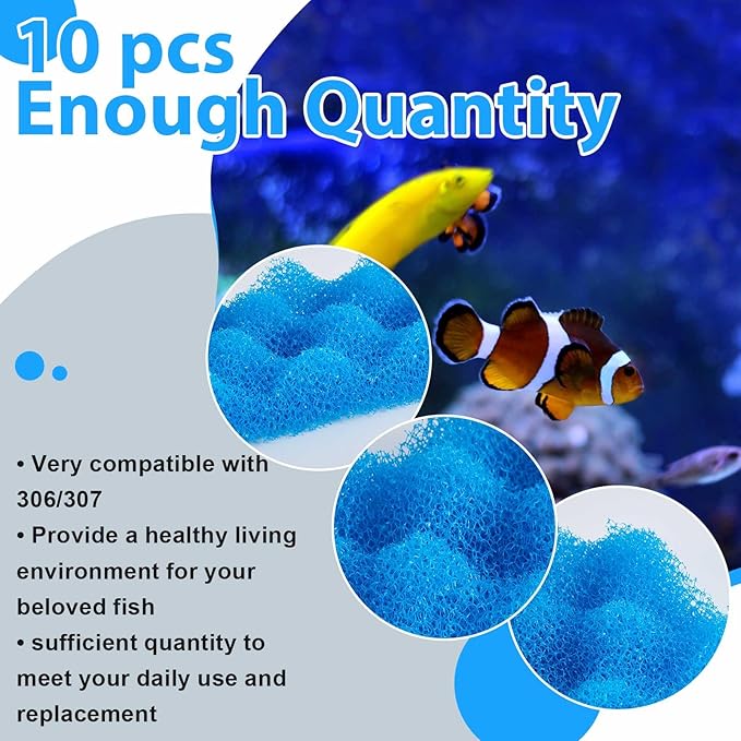 Maxcheck 10 Pcs Bio Sponge Foam Compatible with 306/307 Foam Filters Media Replacement Sponges for Aquarium Filters Fish Tank Accessories, Blue