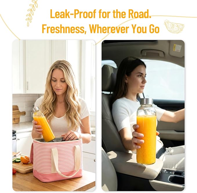 Clear Glass Bottles with Lids 18 oz, Reusable Glass Water Bottles with Stainless Steel Cap for Refrigerator, Juicing, 100% Leak Proof, BPA Free, Juice Bottle Drinking Jar Containers Set of 6