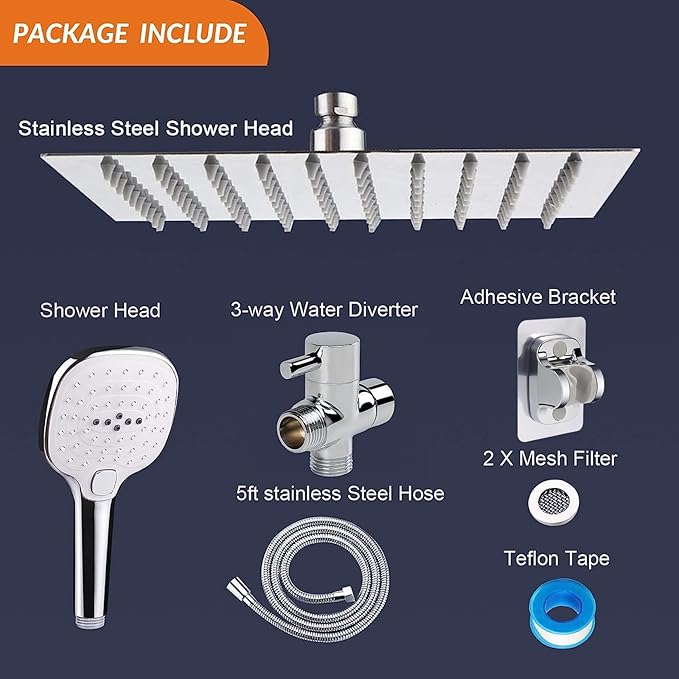 NearMoon Shower Head with Hose, High Pressure Stainless Steel Rain Shower and 3 Settings Handheld Spray Combo with Push Button Flow Control (8 Inch Showerhead Set, Chrome Finish) - AquaVibe