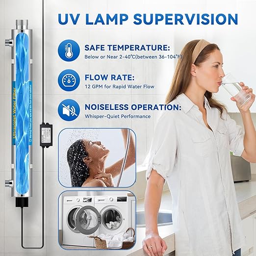 UV Water Filter Whole House, 1" MNPT, 55W Water Purifier System for Under Sink Water Filter, 120V 12GPM for Water Purity +1 Extra Bulb