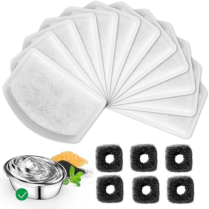 12+6 Pack Zeepet Cat Fountain Filters, Compatible with ORSDA Cat Water Fountain Filter for D60 100oz/3L Automatic Stainless Steel Pet Fountains, 12 Replacement Water Filters + 6 Pre-Filter Sponges
