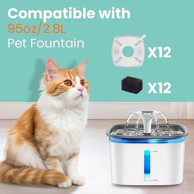 24 Pcs Cat Water Fountain Replacement Filters, Compatible with Veken 95oz/2.8L Automatic Pet Fountain - 12 Pack Water Fountain Filters & 12 Pack Pre-Filter Sponges