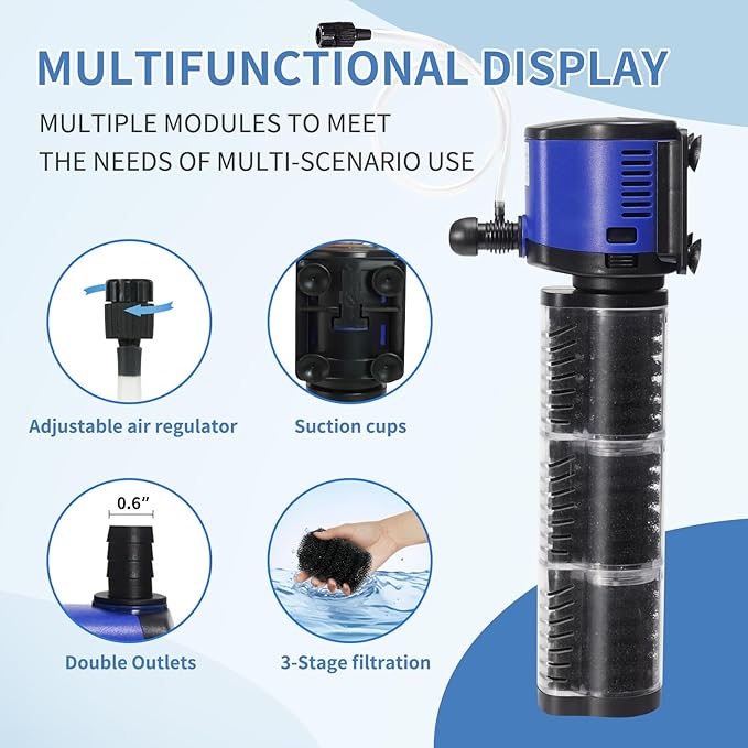 TARARIUM Aquarium Filter 400GPH for 55-200 Gallon Fish Tank, Biochemical Quiet Submersible Internal Powerful Pump Air Supply, Wave Maker 4 in 1, Small Ponds, Saltwater & Freshwater Crystal Clear - AquaVibe