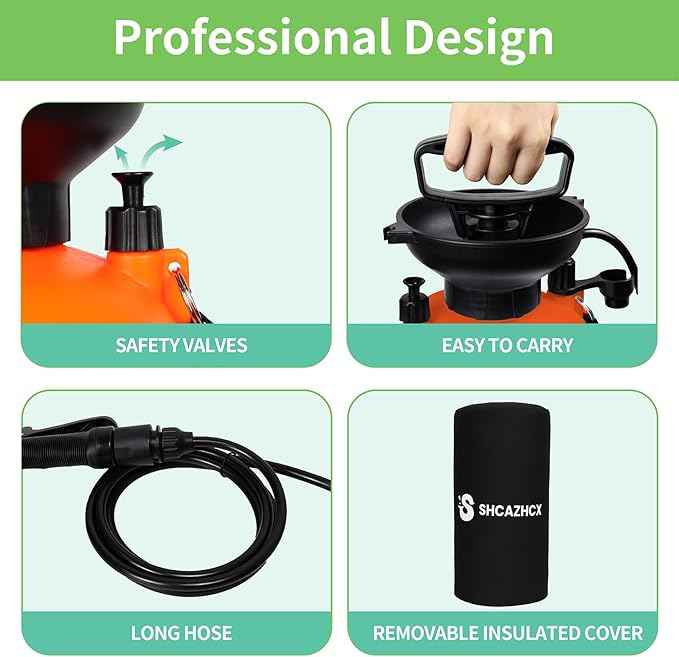 2.1 Gallon/8L Portable Water Shower, No Power Needed, Nylon Insulated Sleeve, 10 Spray Modes, Pressurized Portable Shower Sprayer for Camping, Hiking, Beach, Surfing & Outdoor Use, Orange