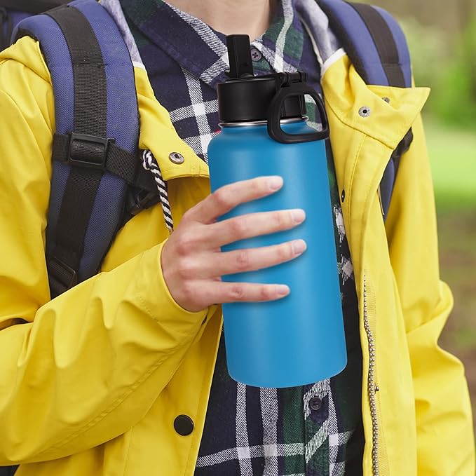 Volhoply 32 oz Water Bottle with Straw Lid & Spout Lid,Insulated Sports Water Bottle,Double Wall Vacuum Stainless Steel Cups,Leakproof Wide Mouth Metal Flask,Keeps Cold or Hot for Travel(Blue,1)