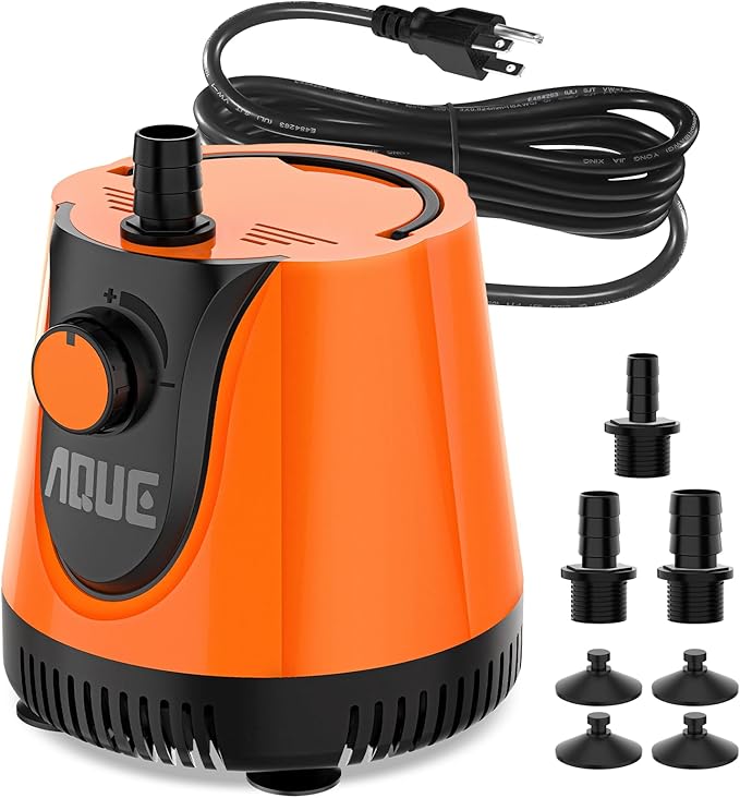AQUE 360° All-round Water Intake Submersible Pump. It is suitable for fish tanks, ponds, aquariums and hydroponic systems. It comes with a 6-foot power cord and 3 nozzles(20W) - AquaVibe